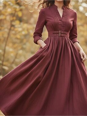 Rust/Wine Long Sleeve Maxi Dress with Pleated Bodice Vintage Style#151
